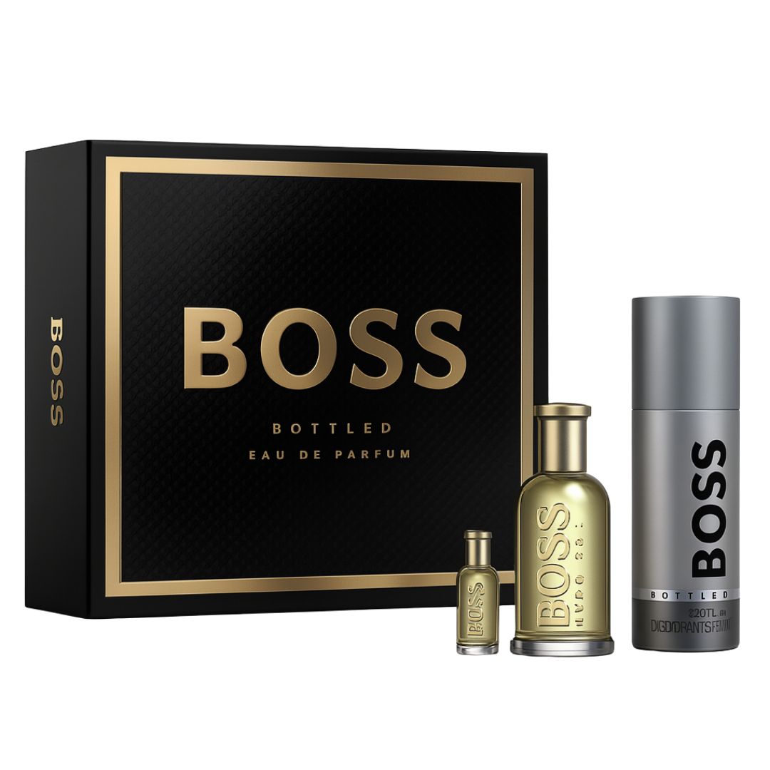 Kit Hugo Boss - Masculino - Bottled EDP 100ml + Shower Gel 100ml + Travel Spray 10ml - Sun de Parfum 